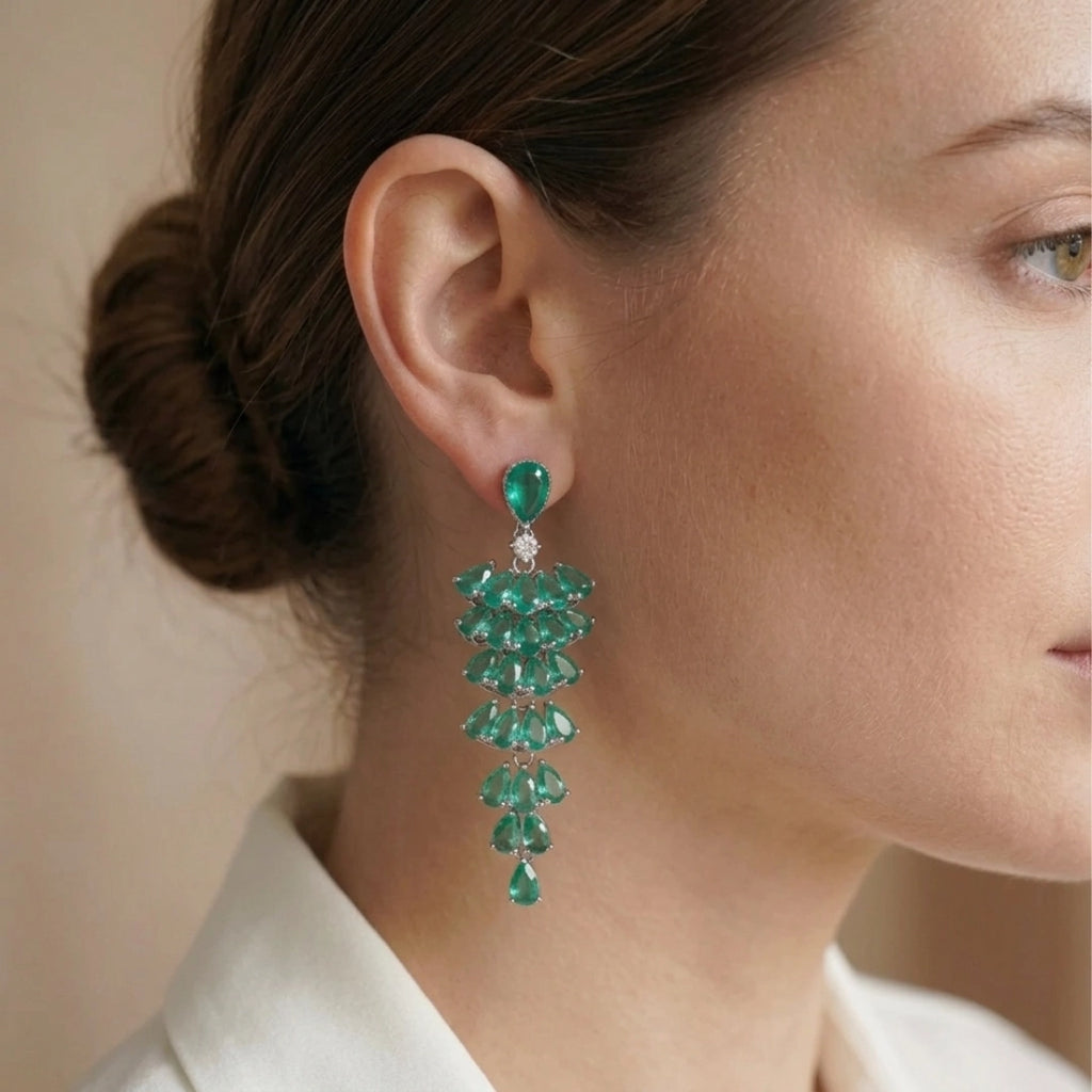 Green Leaf Zircon Statement Earrings