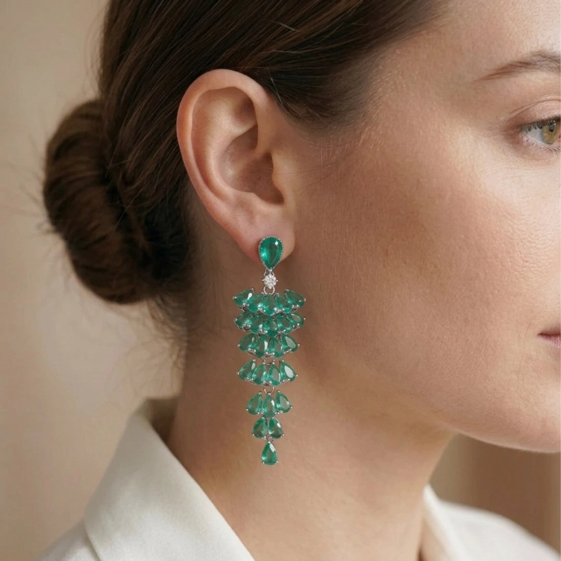 Green Leaf Zircon Statement Earrings