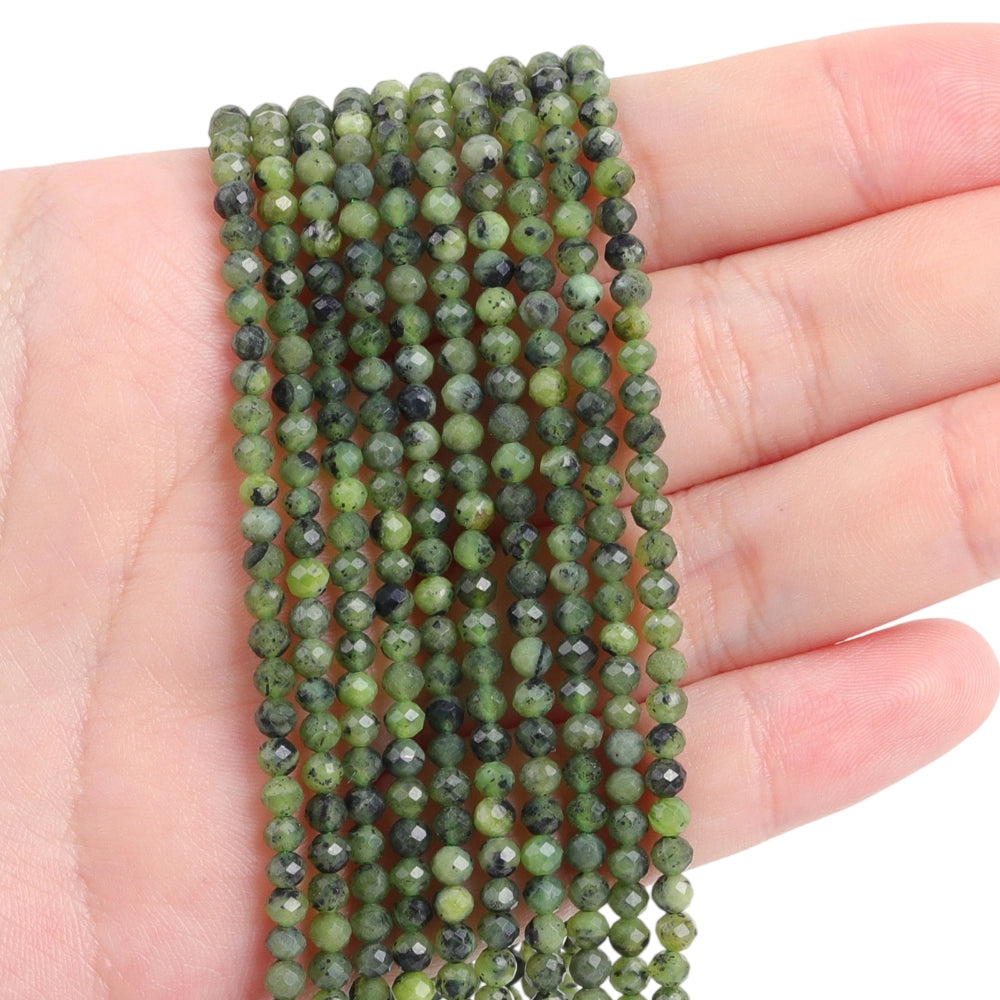 Natural Canadian jade micro faceted beads in 2mm, 3mm, 4mm. Green stone spacer beads for delicate bracelets and DIY jewelry making