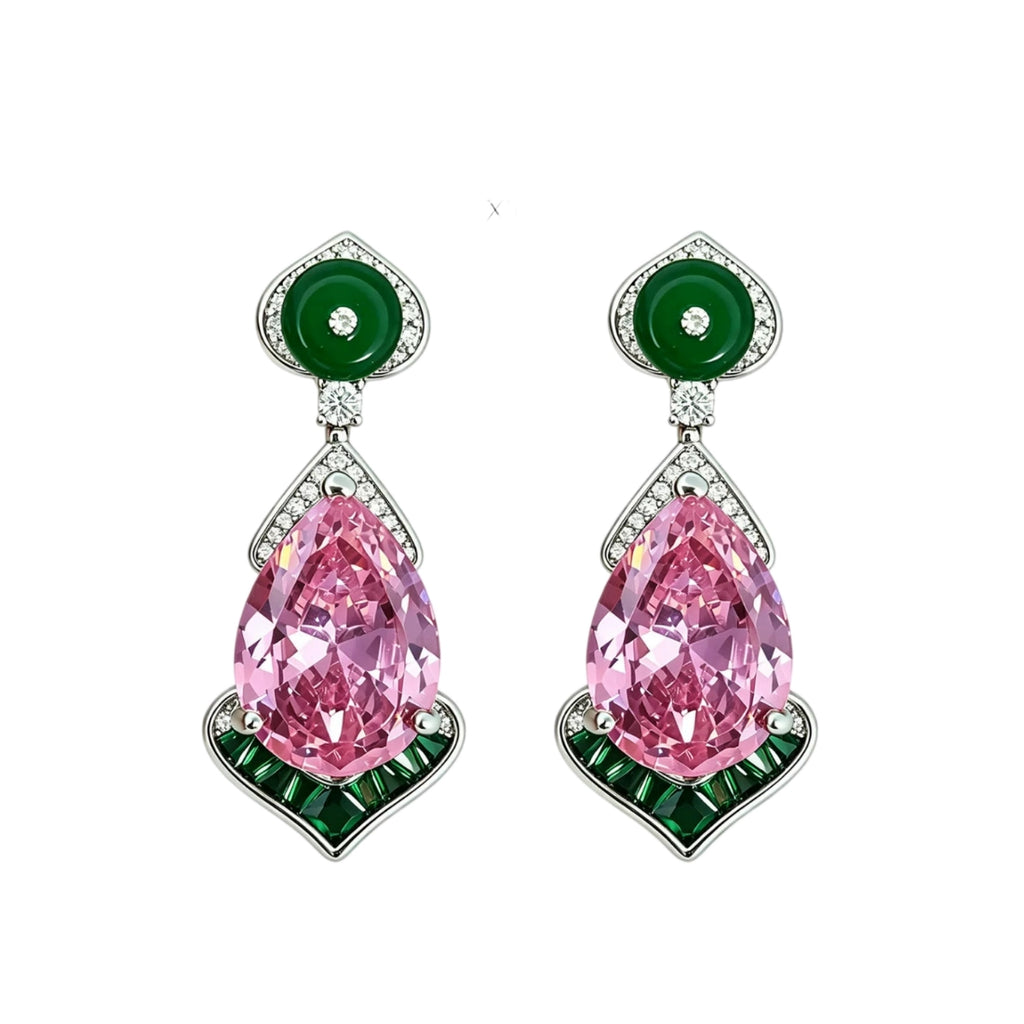 Pink Teardrop Emerald Halo Drop Earrings