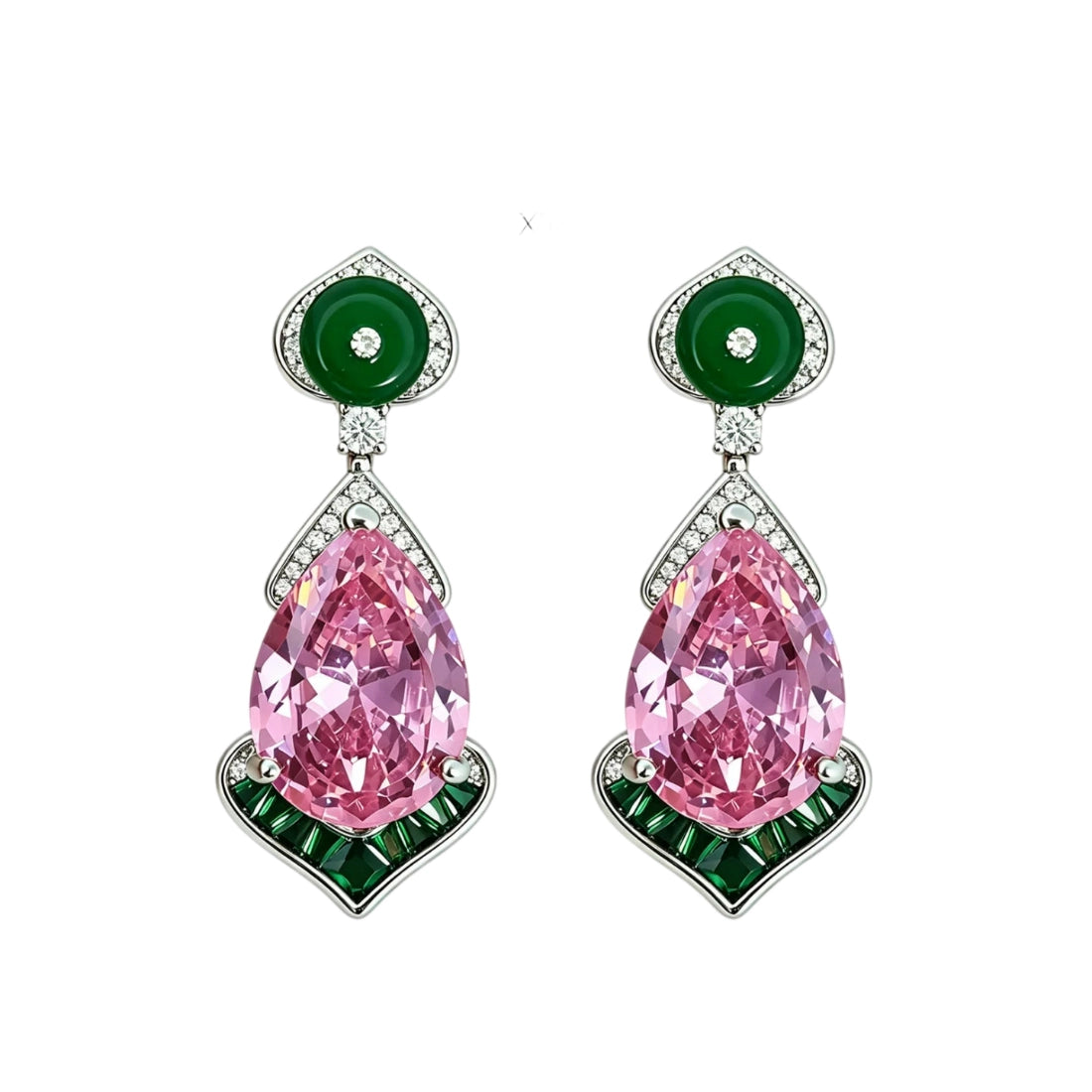 Pink Teardrop Emerald Halo Drop Earrings
