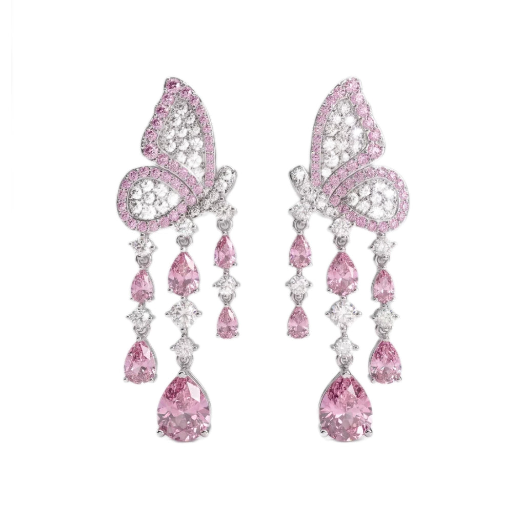 Pink Butterfly Zircon Tassel Drop Earrings