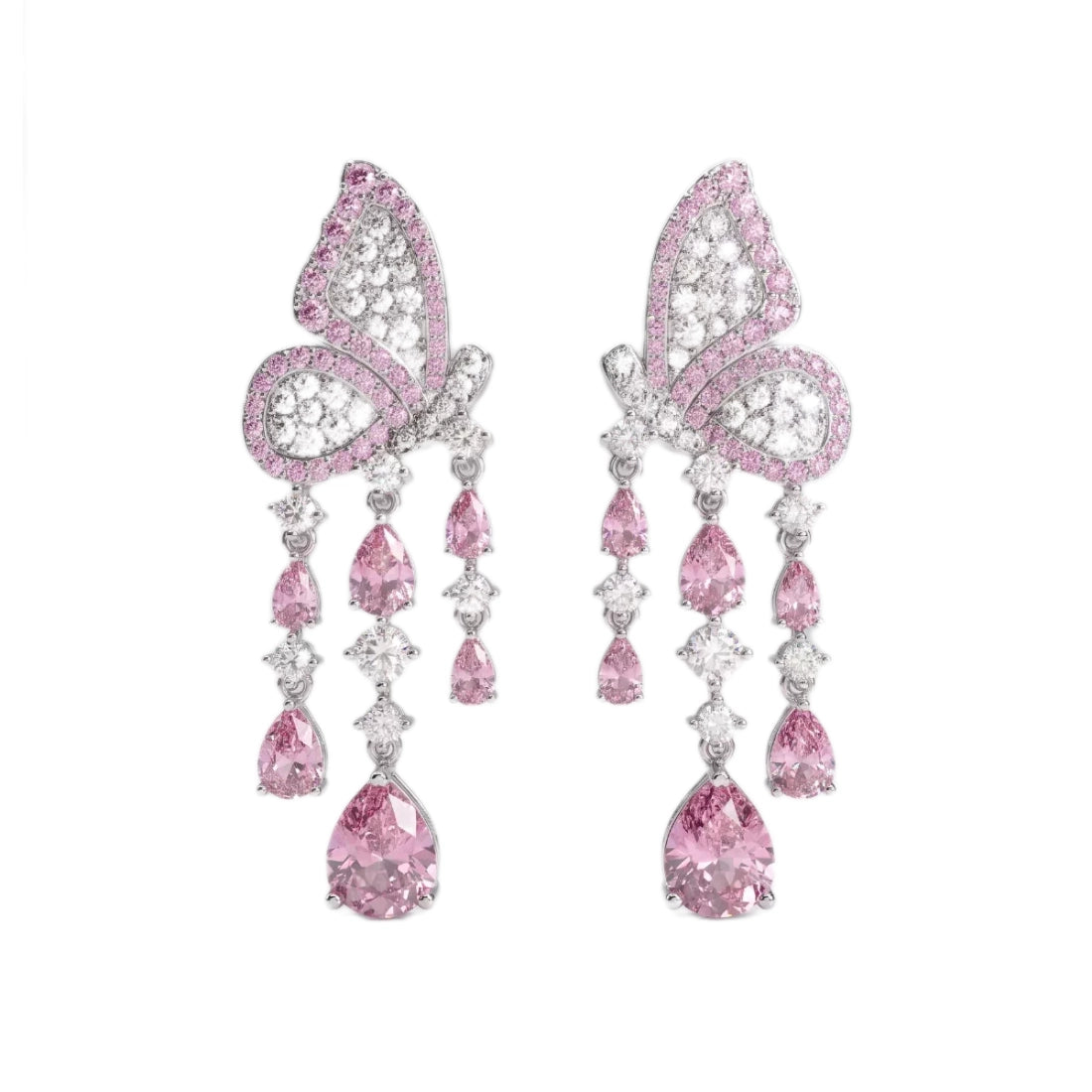 Pink Butterfly Zircon Tassel Drop Earrings