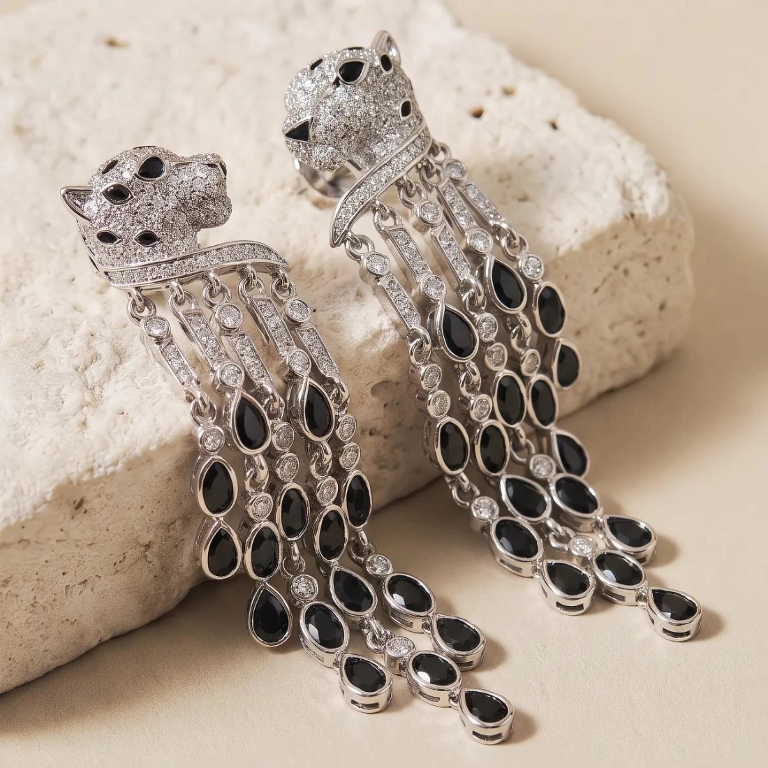 Pavé Leopard Black Tassel Earrings