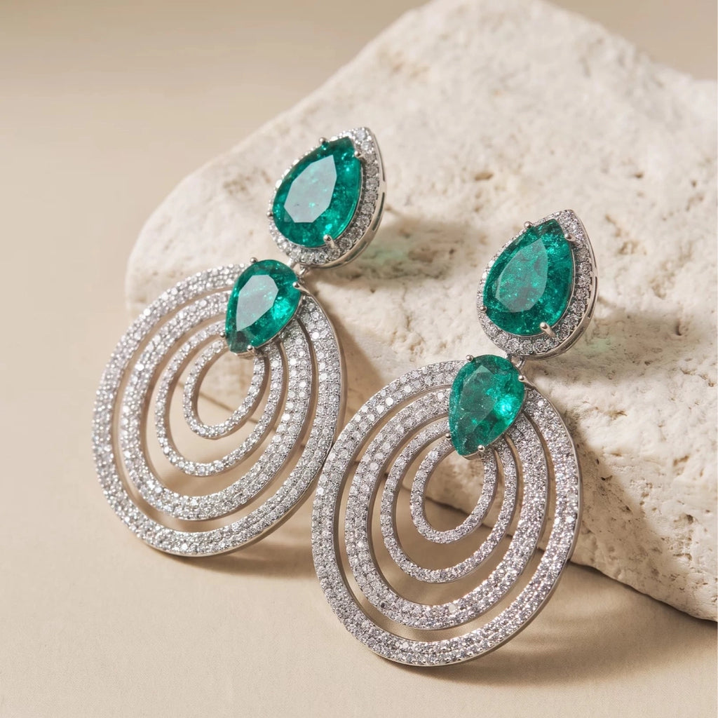 Pavé Zircon Emerald Halo Oval Drop Earrings