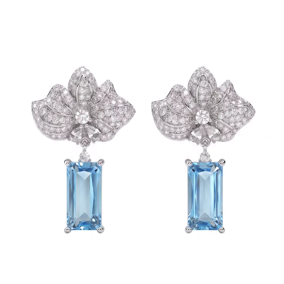 Floral Leaf Blue Topaz Zircon Drop Earrings