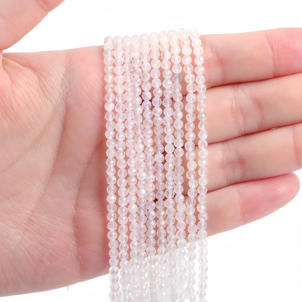 Natural moonstone micro faceted beads in 2mm, 3mm, 4mm. Translucent white stone spacer beads for delicate bracelets and DIY jewelry making