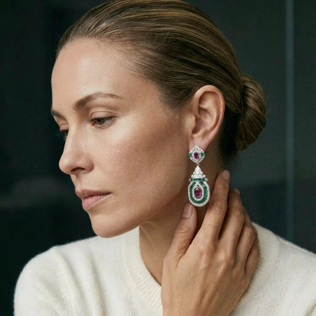 Vintage Emerald Retro Art Deco Statement Earrings