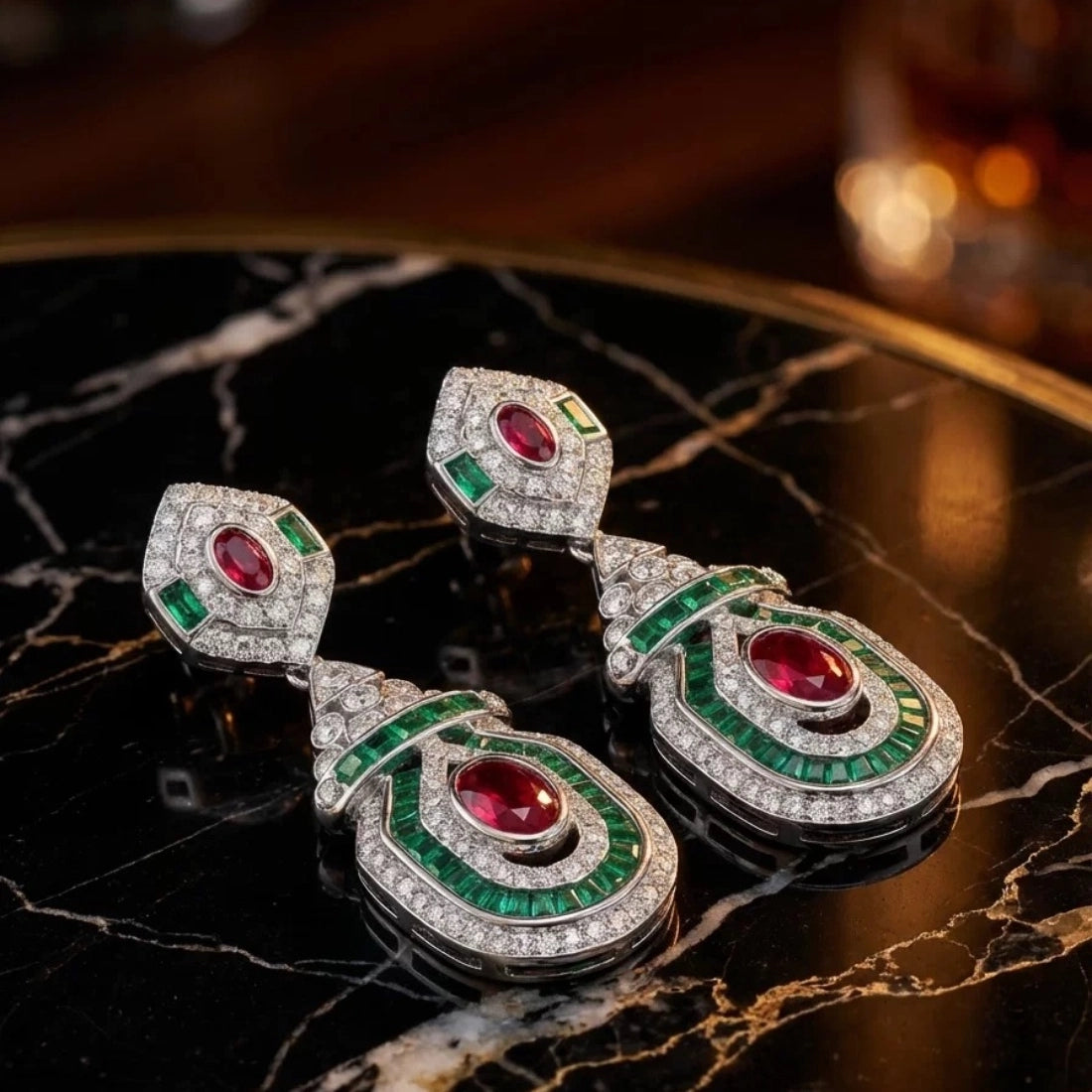 Vintage Emerald Retro Art Deco Statement Earrings