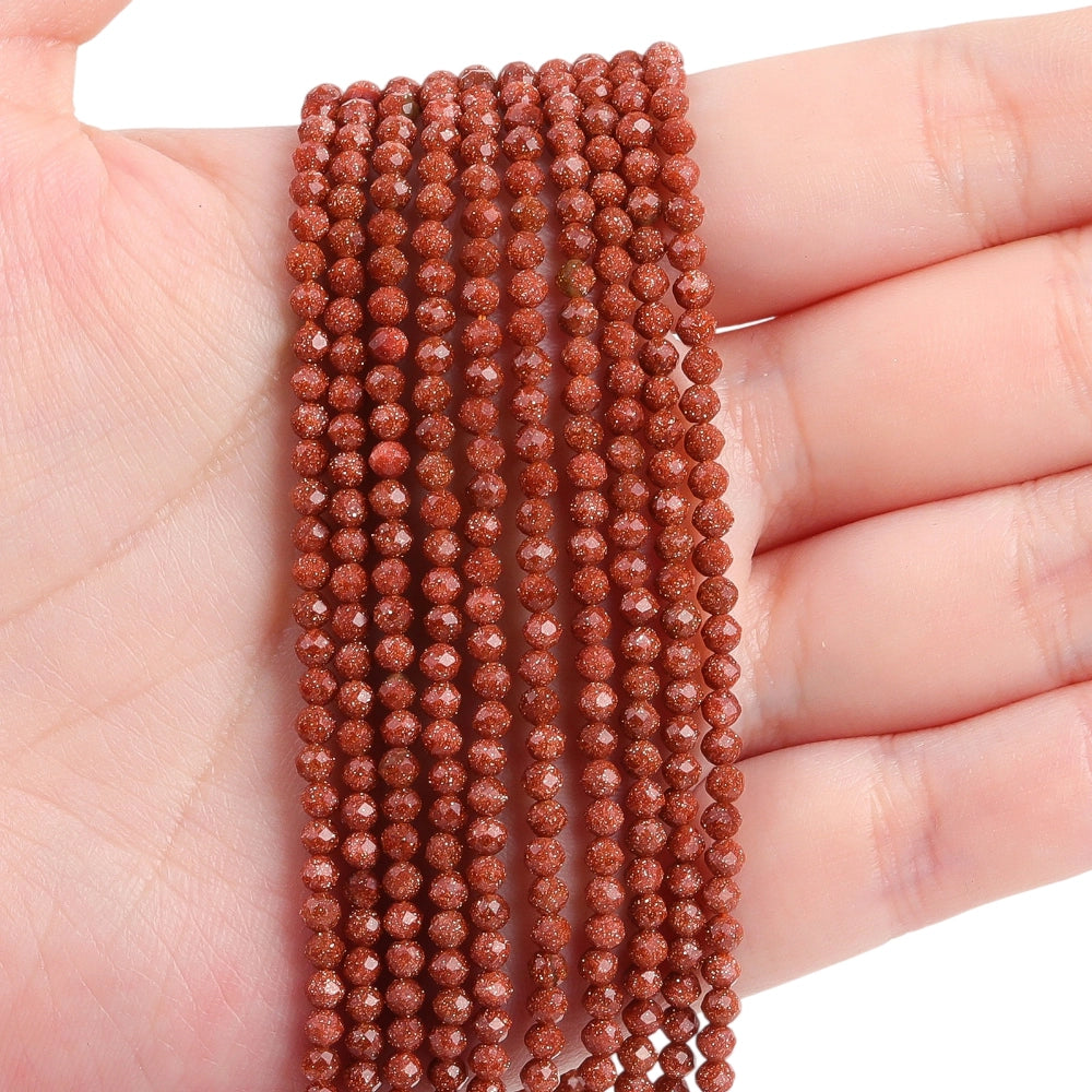 Brown goldstone micro faceted beads in 2mm, 3mm, 4mm. Sparkling copper glitter stone spacer beads for delicate bracelets and DIY jewelry making