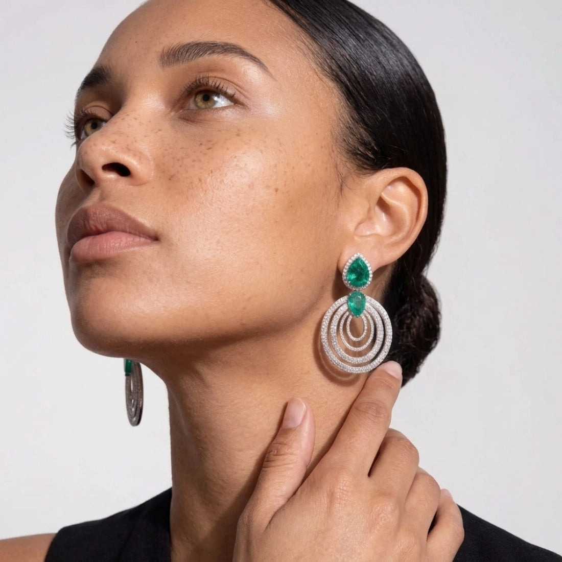 Pavé Zircon Emerald Halo Oval Drop Earrings