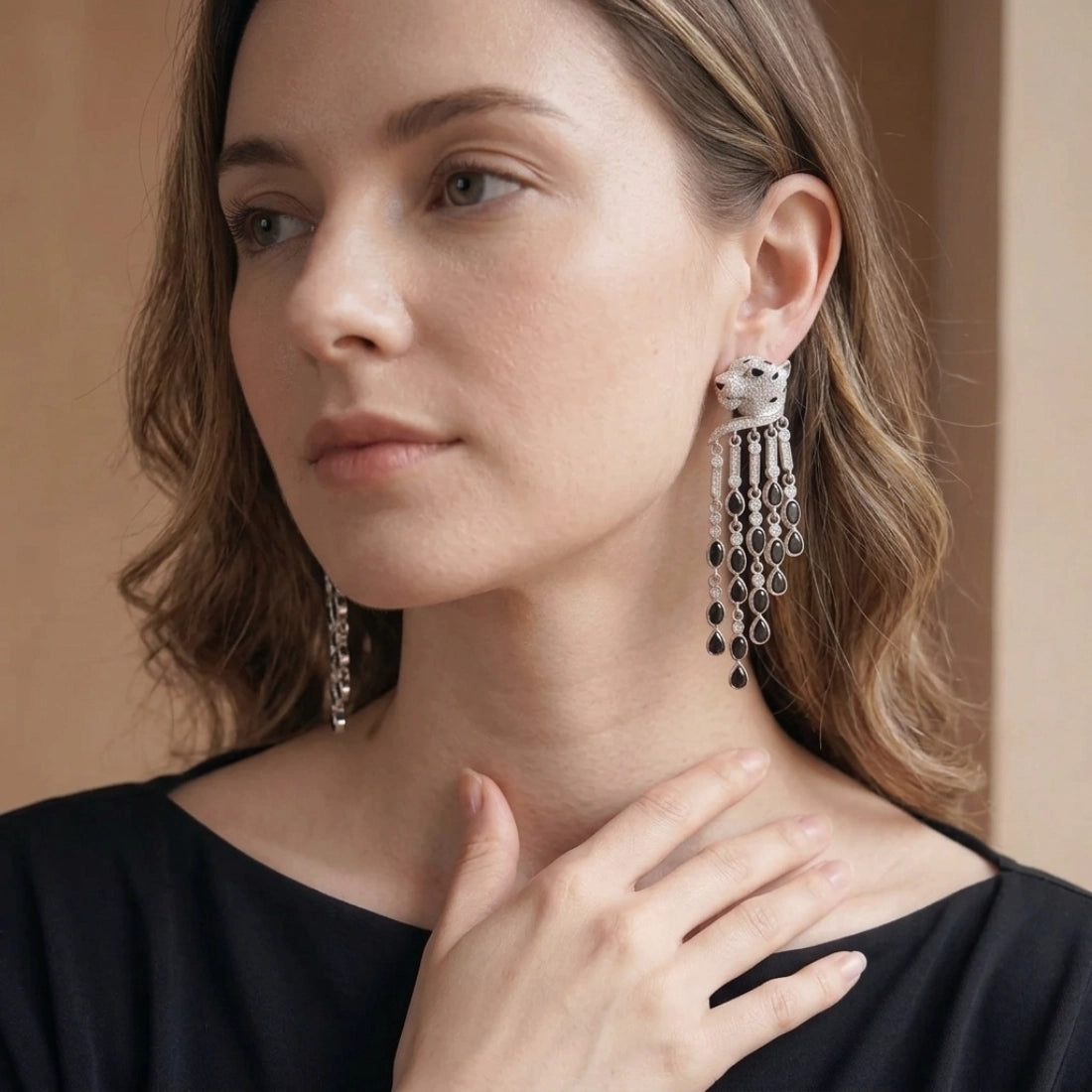 Pavé Leopard Black Tassel Earrings