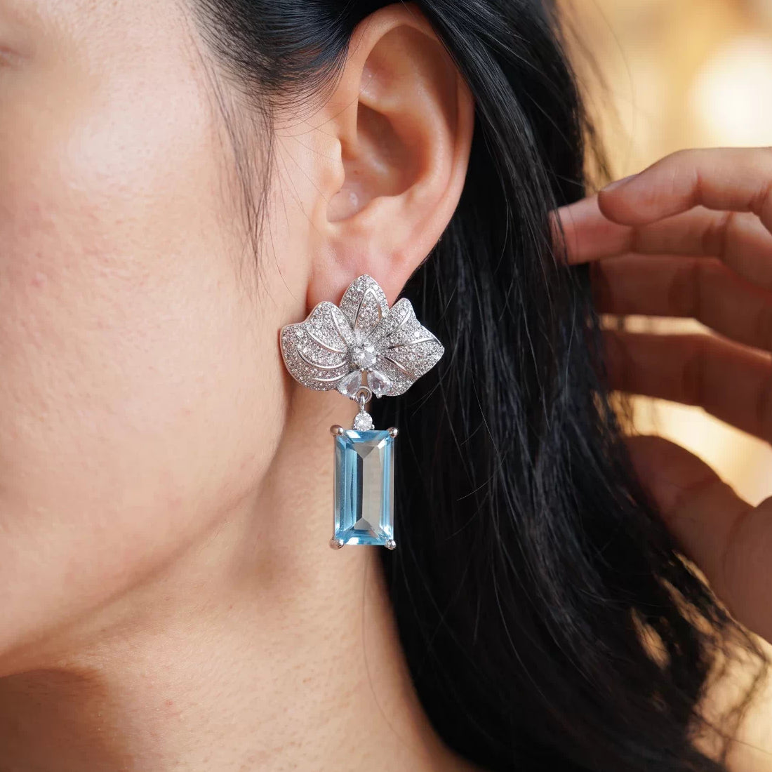 Floral Leaf Blue Topaz Zircon Drop Earrings