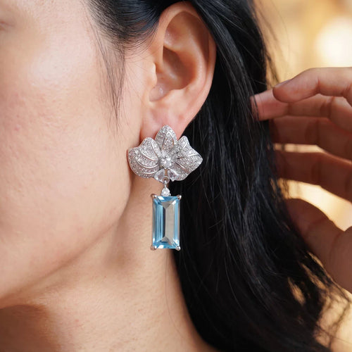 Floral Leaf Blue Topaz Zircon Drop Earrings