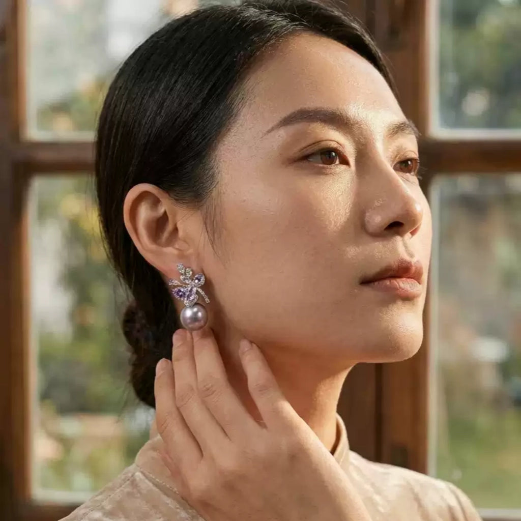 Lavender Pearl Flower Zircon Earrings