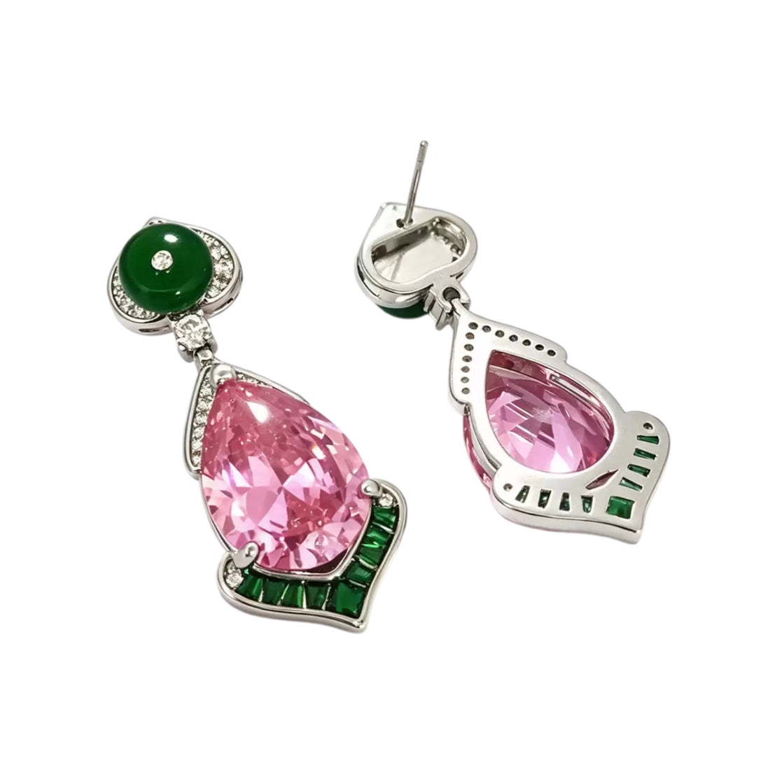 Pink Teardrop Emerald Halo Drop Earrings