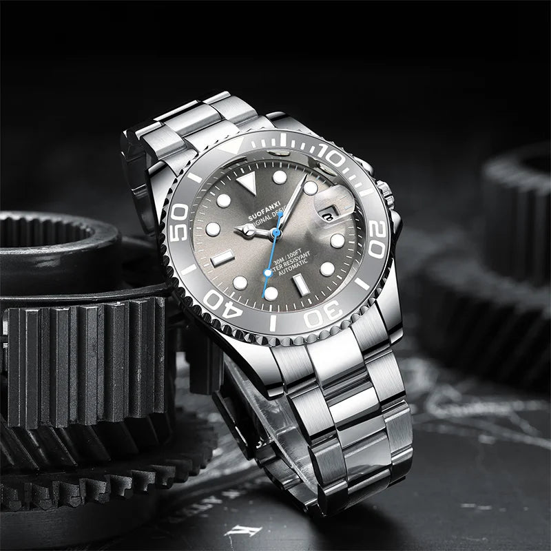 Front view of a 316L stainless steel case automatic watch with a grey rotating bezel