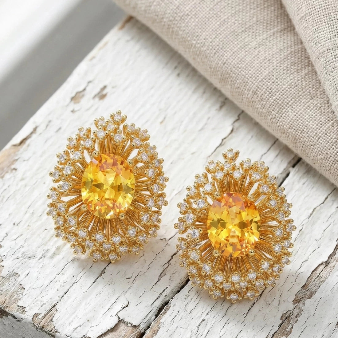 Bold Floral Firework Yellow CZ Stud Earrings
