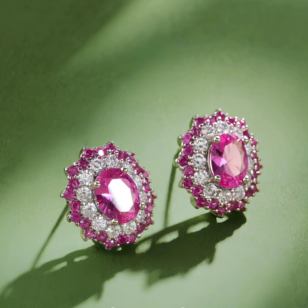 Gemstone Pink Sapphire Halo Stud Earrings