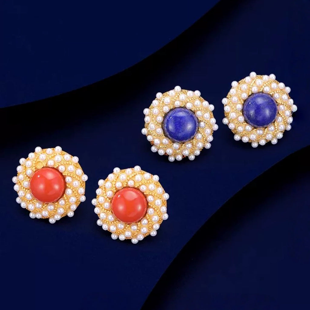 South Red Agate & Lapis Pearl Stud Earrings