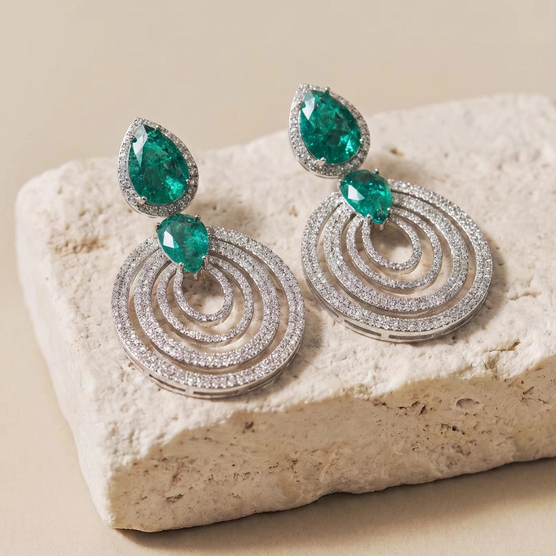 Pavé Zircon Emerald Halo Oval Drop Earrings