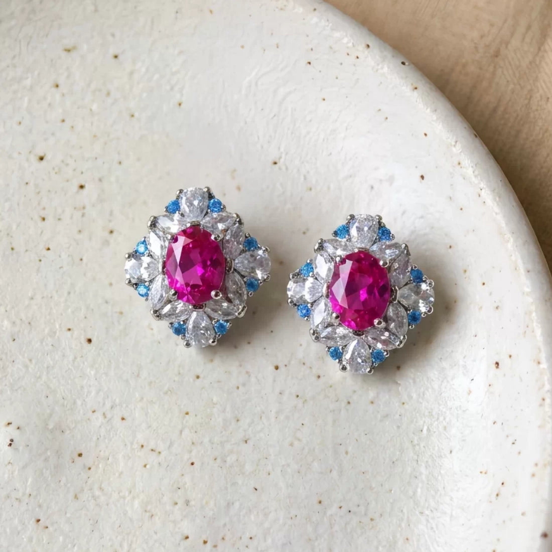 Vintage Ruby Zircon Square Stud Earrings