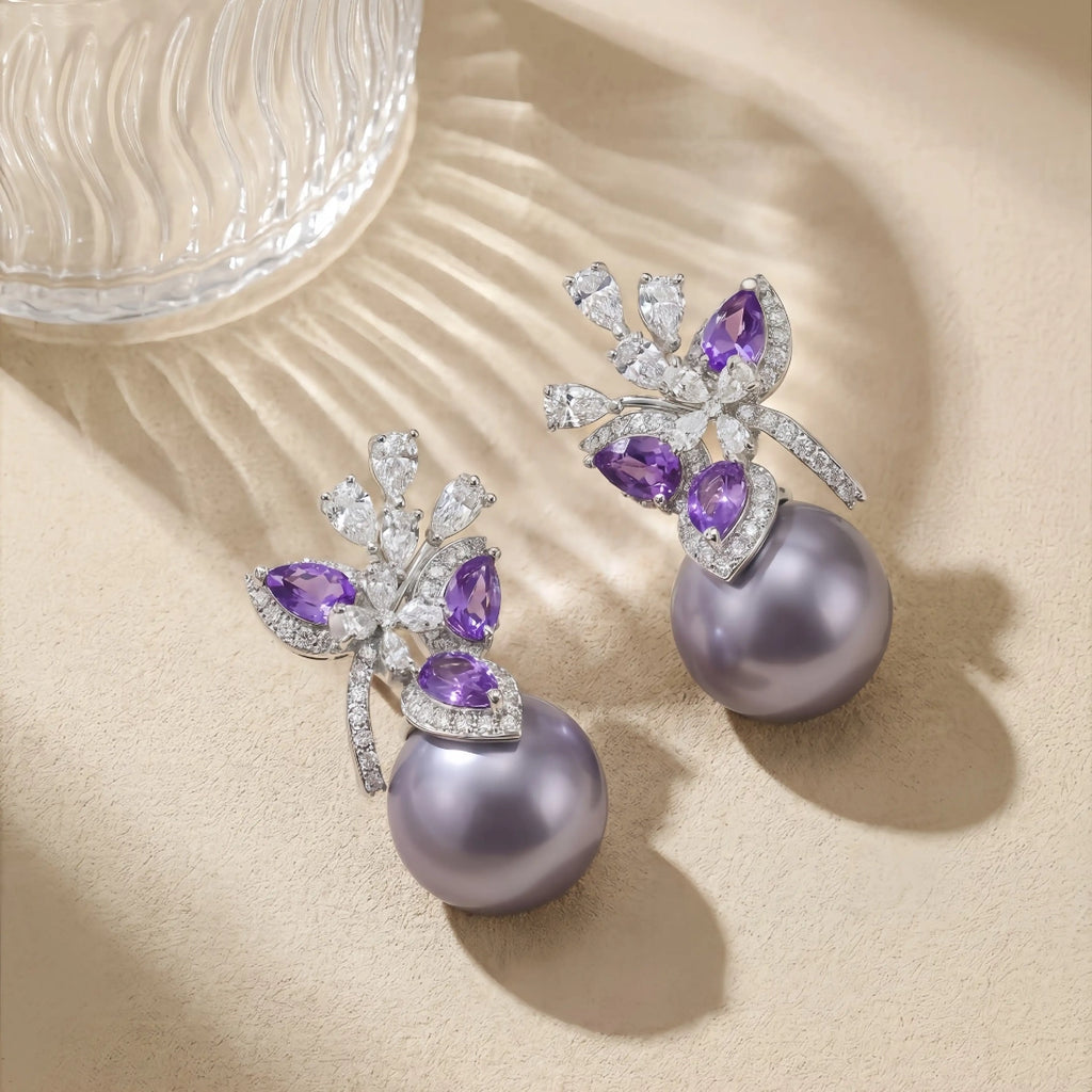 Lavender Pearl Flower Zircon Earrings