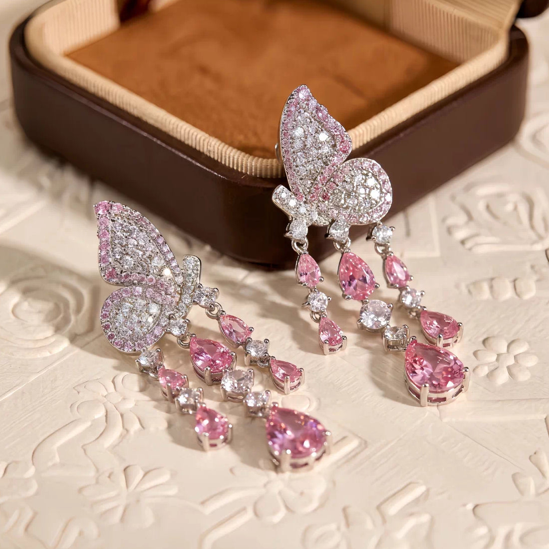 Pink Butterfly Zircon Tassel Drop Earrings