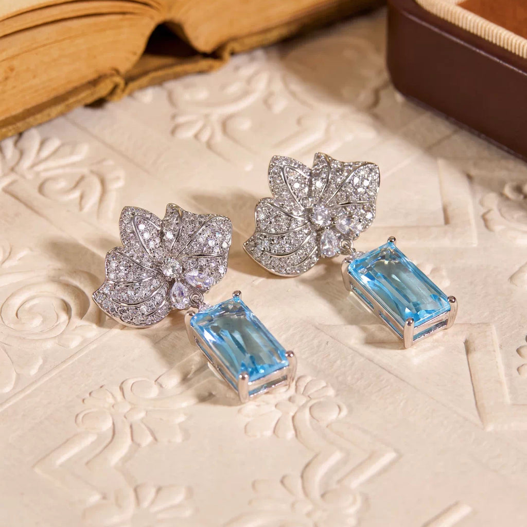 Floral Leaf Blue Topaz Zircon Drop Earrings