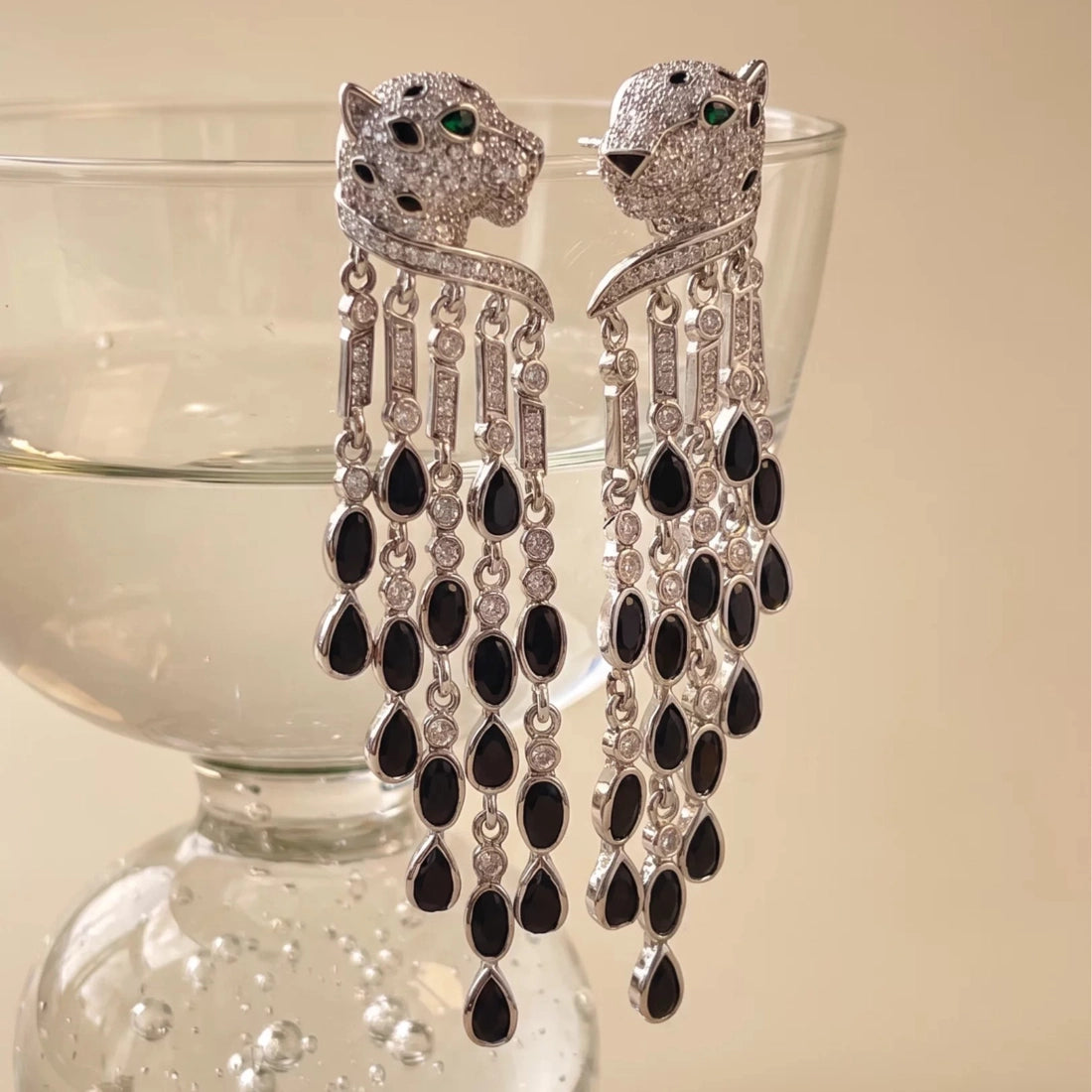 Pavé Leopard Black Tassel Earrings