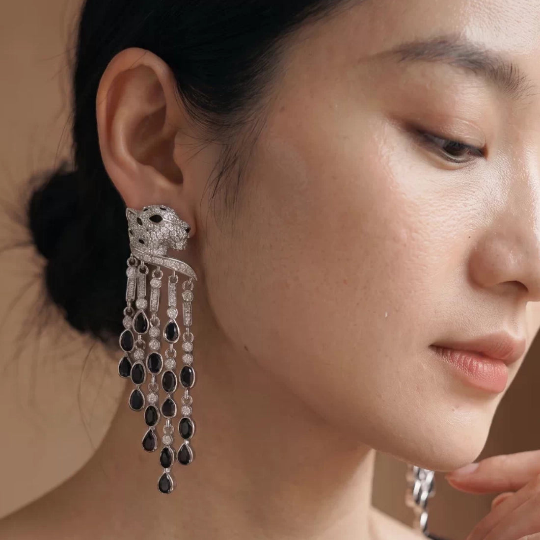 Pavé Leopard Black Tassel Earrings