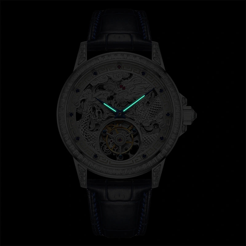 Product specification diagram showing 43mm case diameter and 5ATM water resistance
