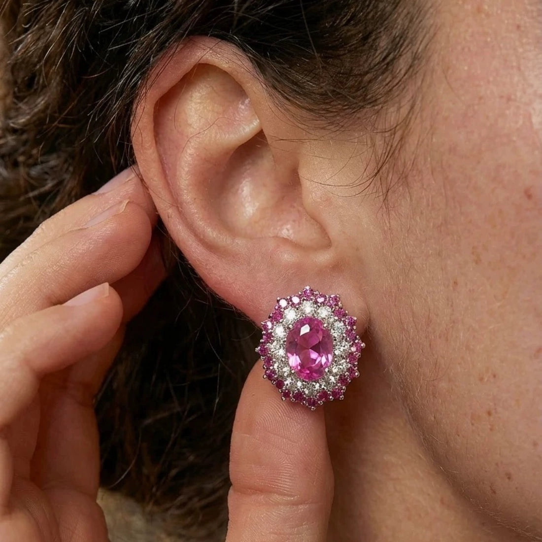 Gemstone Pink Sapphire Halo Stud Earrings