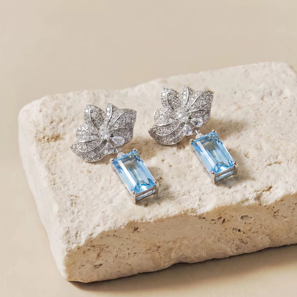 Floral Leaf Blue Topaz Zircon Drop Earrings