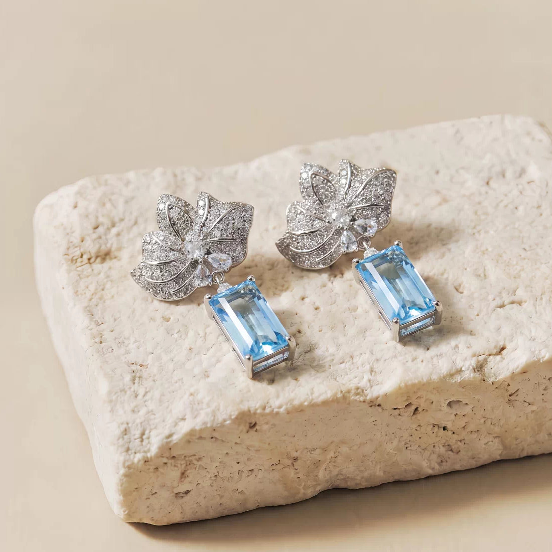 Floral Leaf Blue Topaz Zircon Drop Earrings