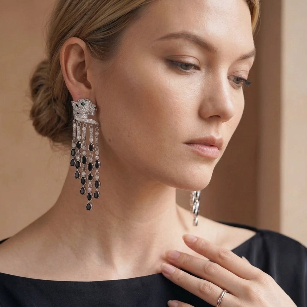 Pavé Leopard Black Tassel Earrings