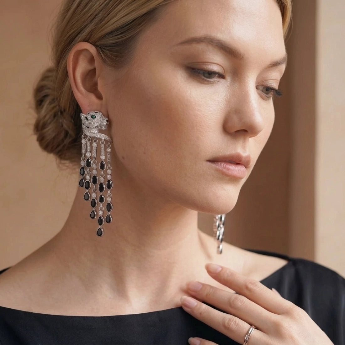 Pavé Leopard Black Tassel Earrings