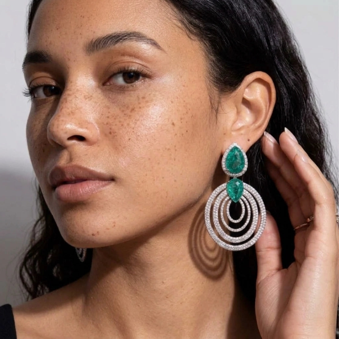 Pavé Zircon Emerald Halo Oval Drop Earrings