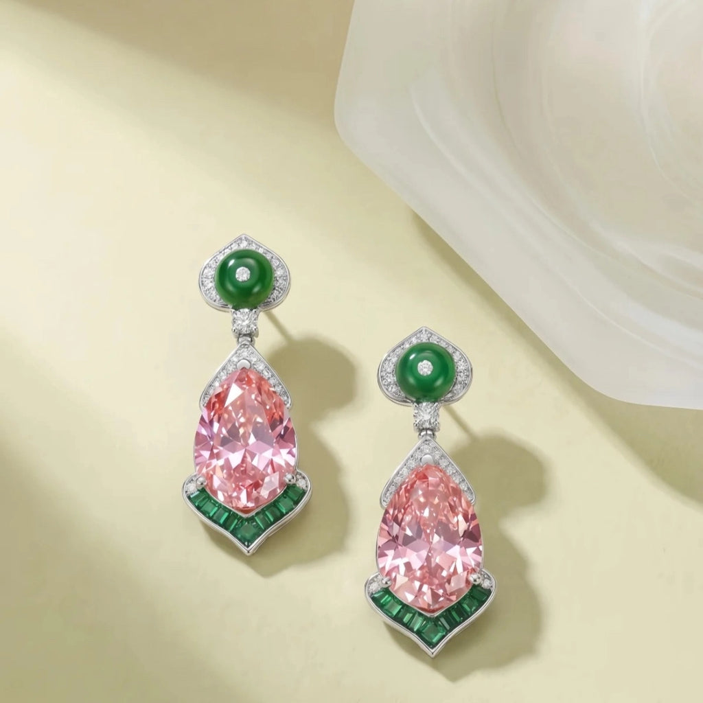 Pink Teardrop Emerald Halo Drop Earrings