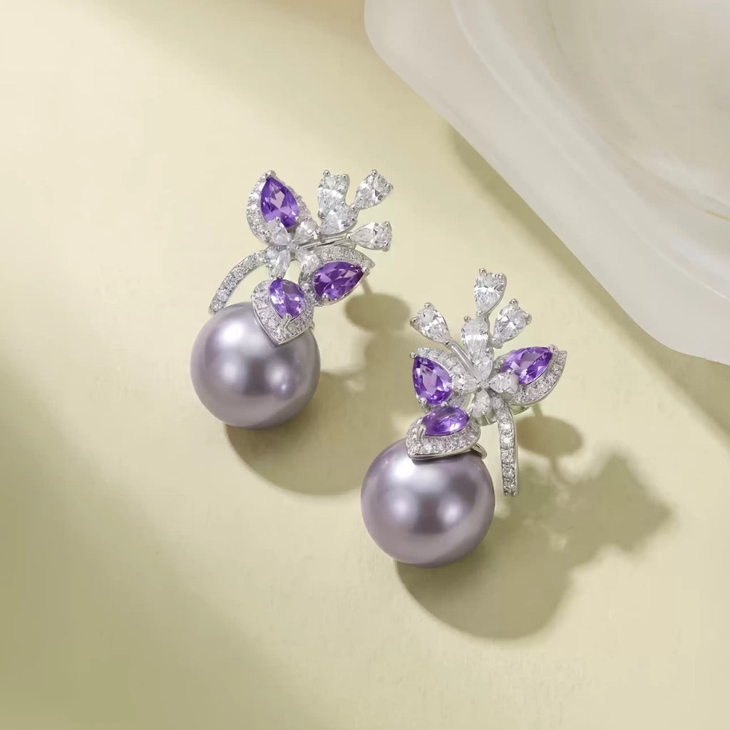 Lavender Pearl Flower Zircon Earrings