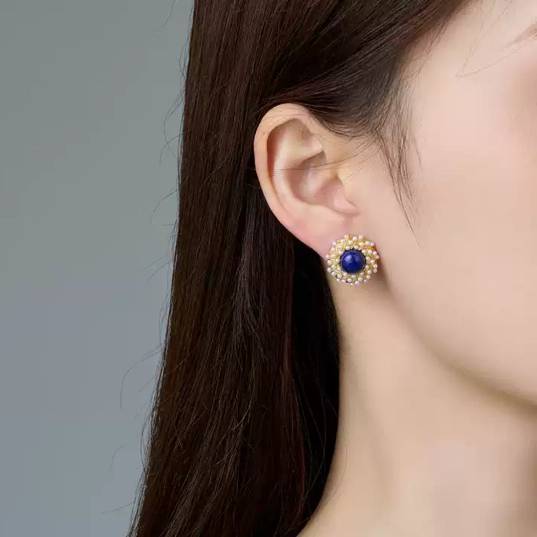 South Red Agate & Lapis Pearl Stud Earrings