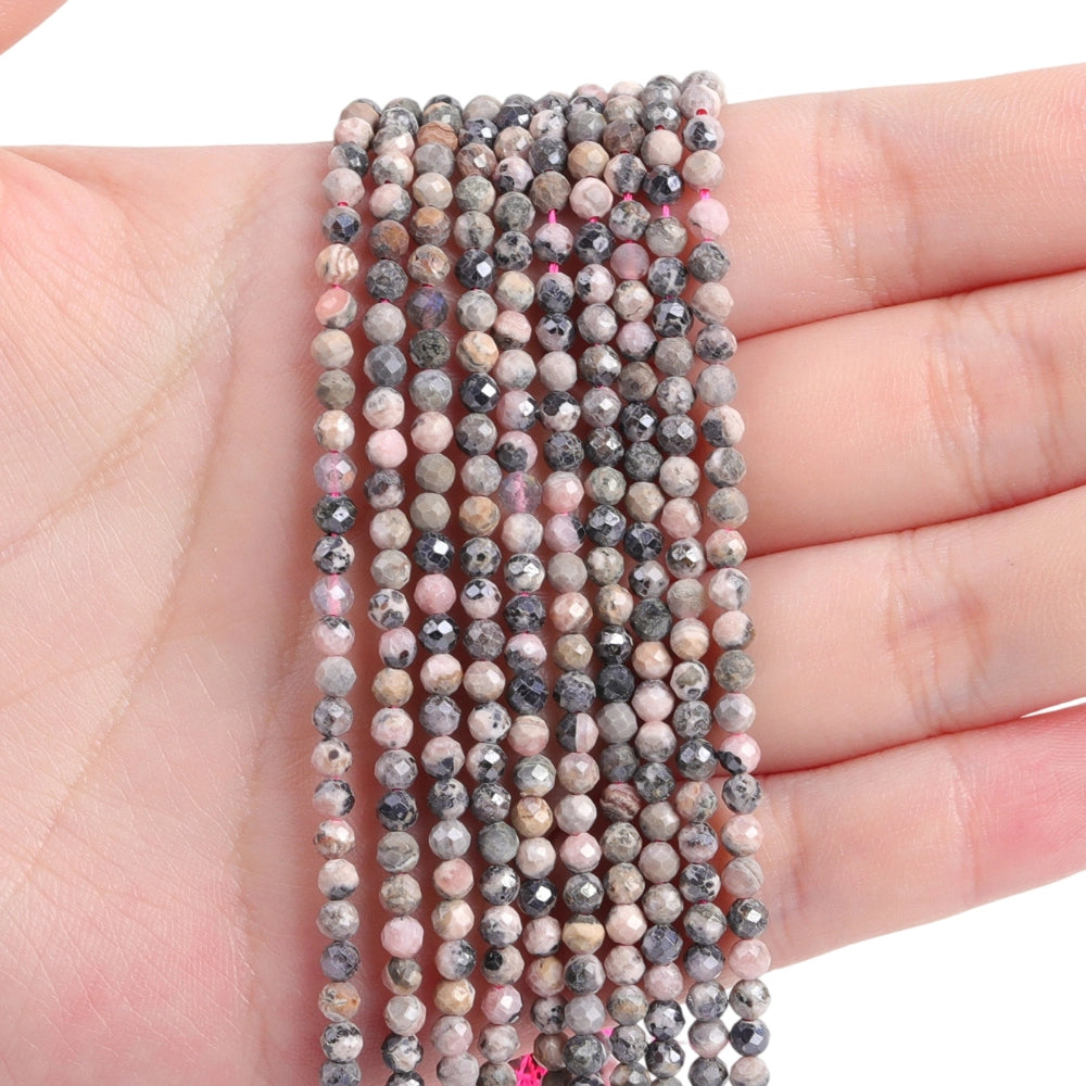 Natural pastel rhodonite micro faceted beads in 2mm, 3mm, 4mm. Pink and black stone spacer beads for delicate bracelets and DIY jewelry making