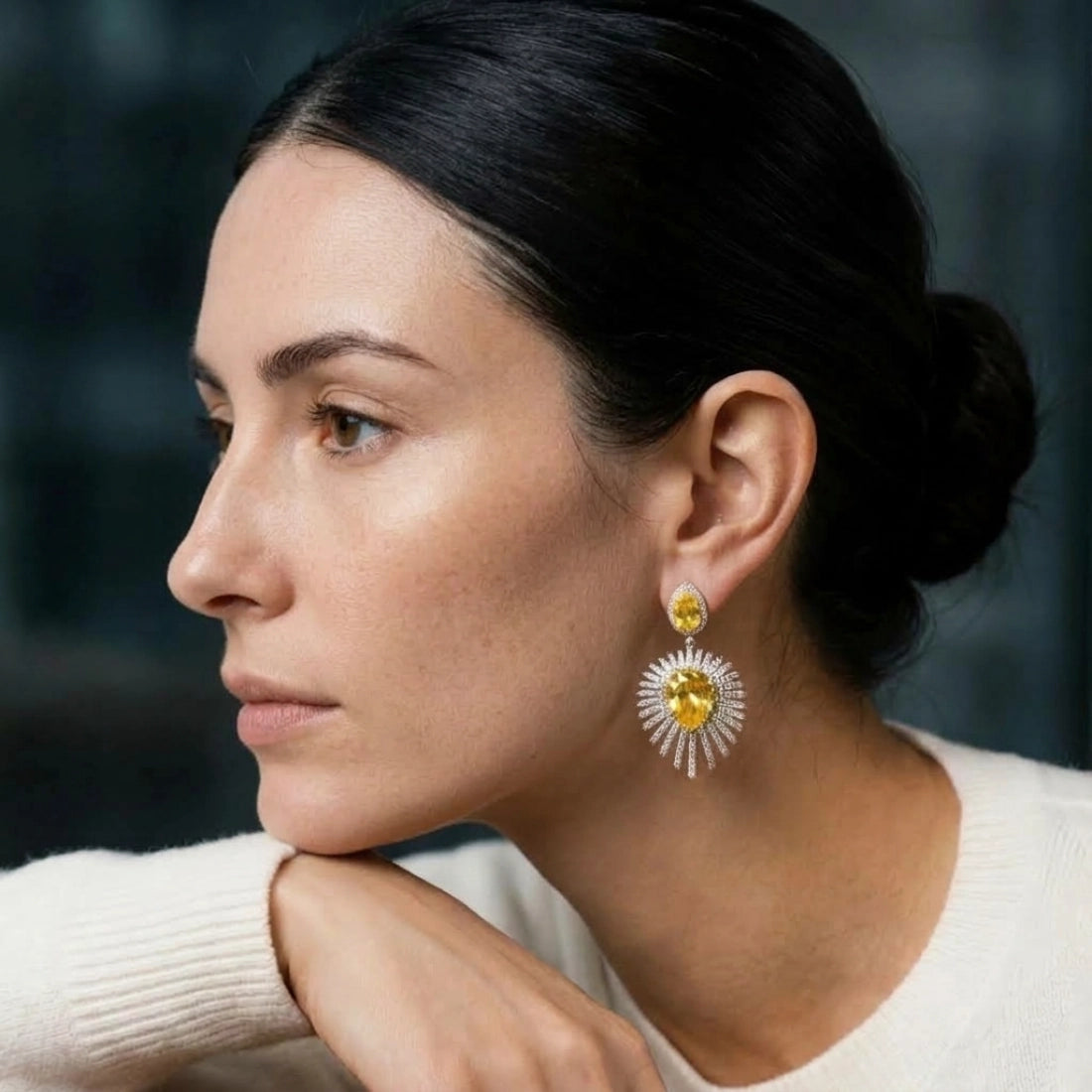 Radiant Sunburst Yellow Crystal Drop Earrings