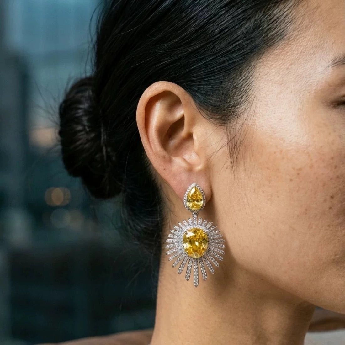 Radiant Sunburst Yellow Crystal Drop Earrings