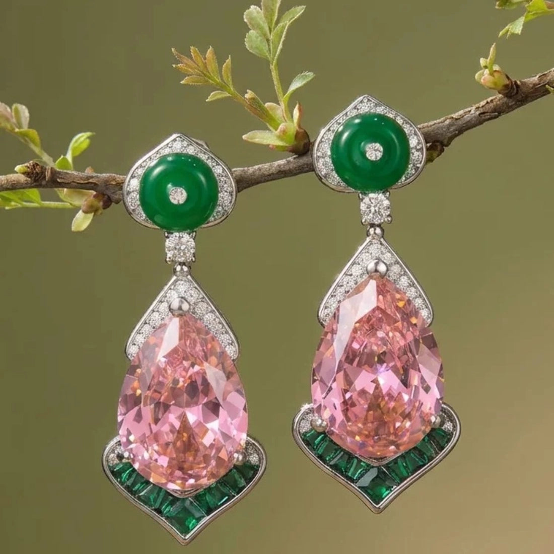 Pink Teardrop Emerald Halo Drop Earrings