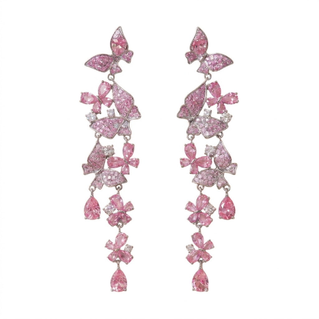 Long Tassel Statement Pink Butterfly Crystal Drop