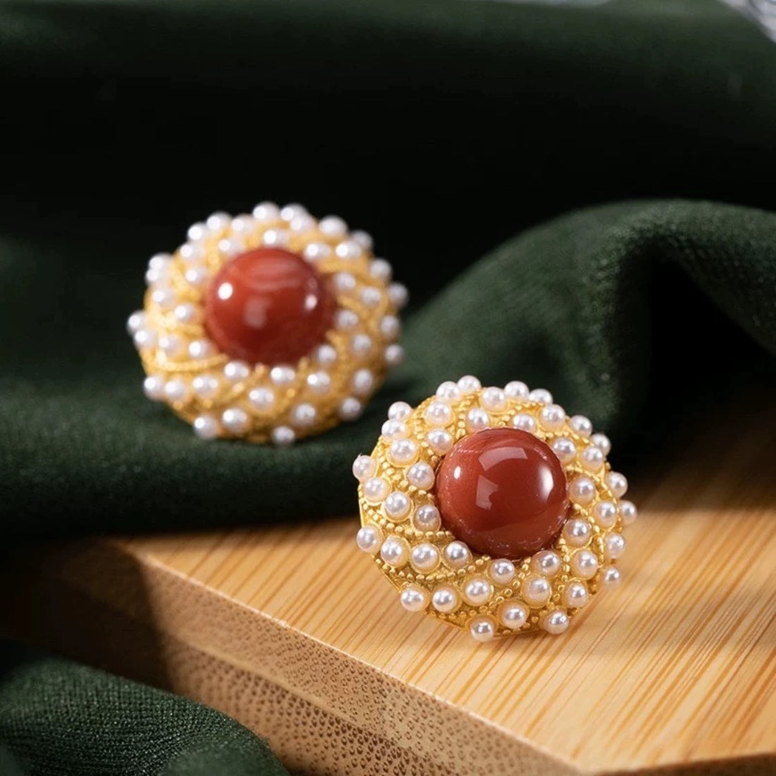 South Red Agate & Lapis Pearl Stud Earrings