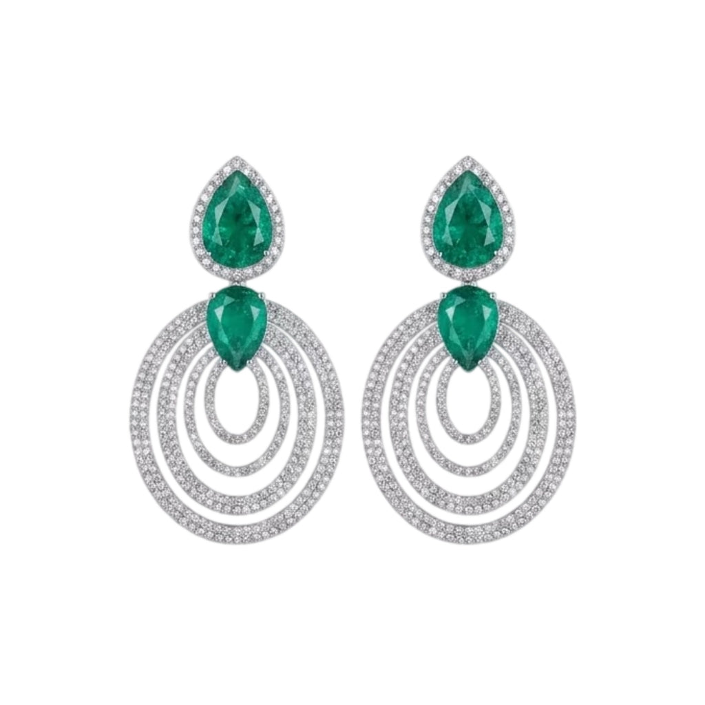 Pavé Zircon Emerald Halo Oval Drop Earrings