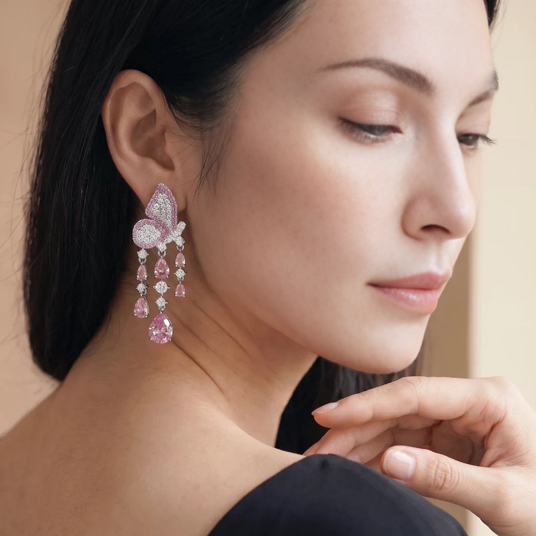 Pink Butterfly Zircon Tassel Drop Earrings