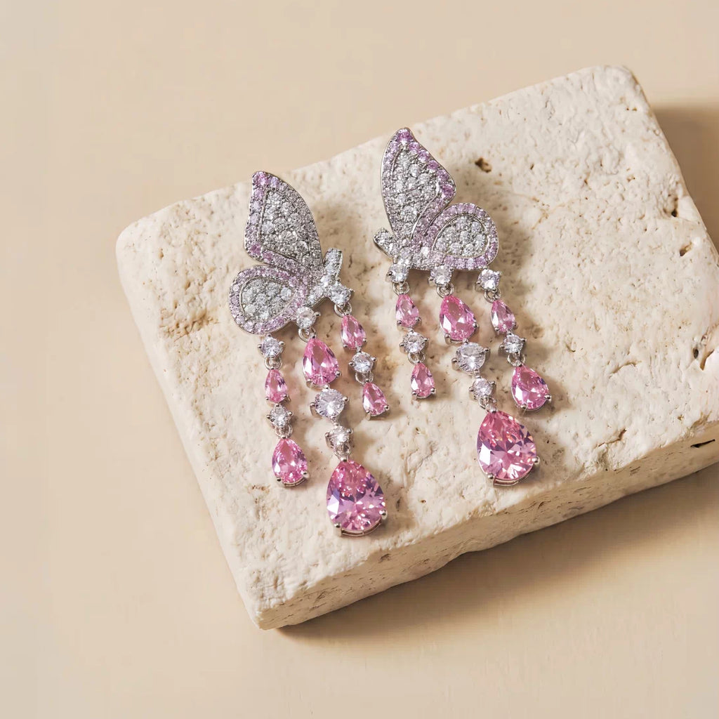 Pink Butterfly Zircon Tassel Drop Earrings